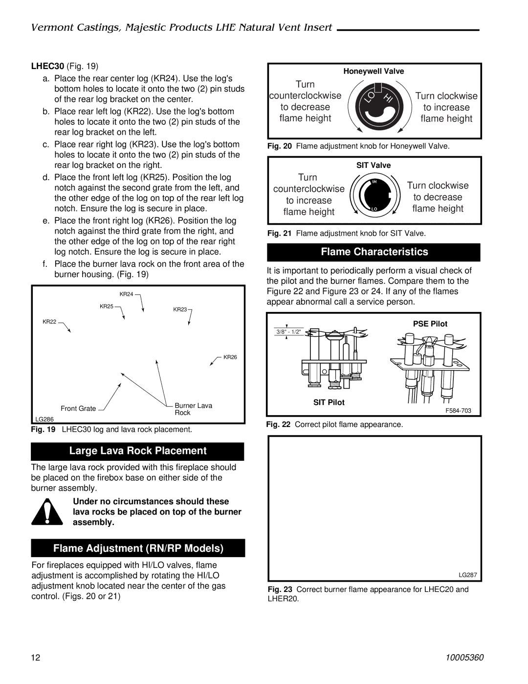 Vermont Casting LHEC20, LHEC30 Flame Characteristics, Large Lava Rock Placement, Flame Adjustment RN/RP Models 