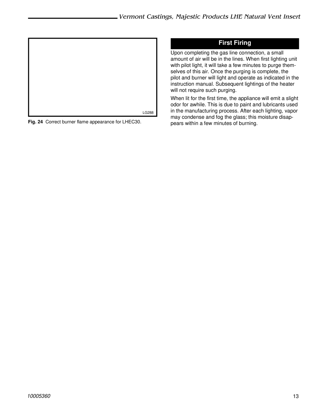 Vermont Casting LHEC20 installation instructions First Firing, Correct burner flame appearance for LHEC30 