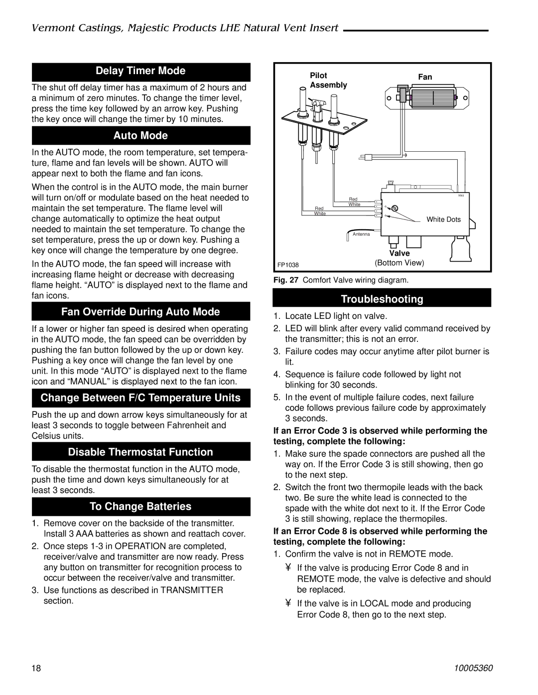 Vermont Casting LHEC20, LHEC30 Delay Timer Mode, Fan Override During Auto Mode, Change Between F/C Temperature Units 