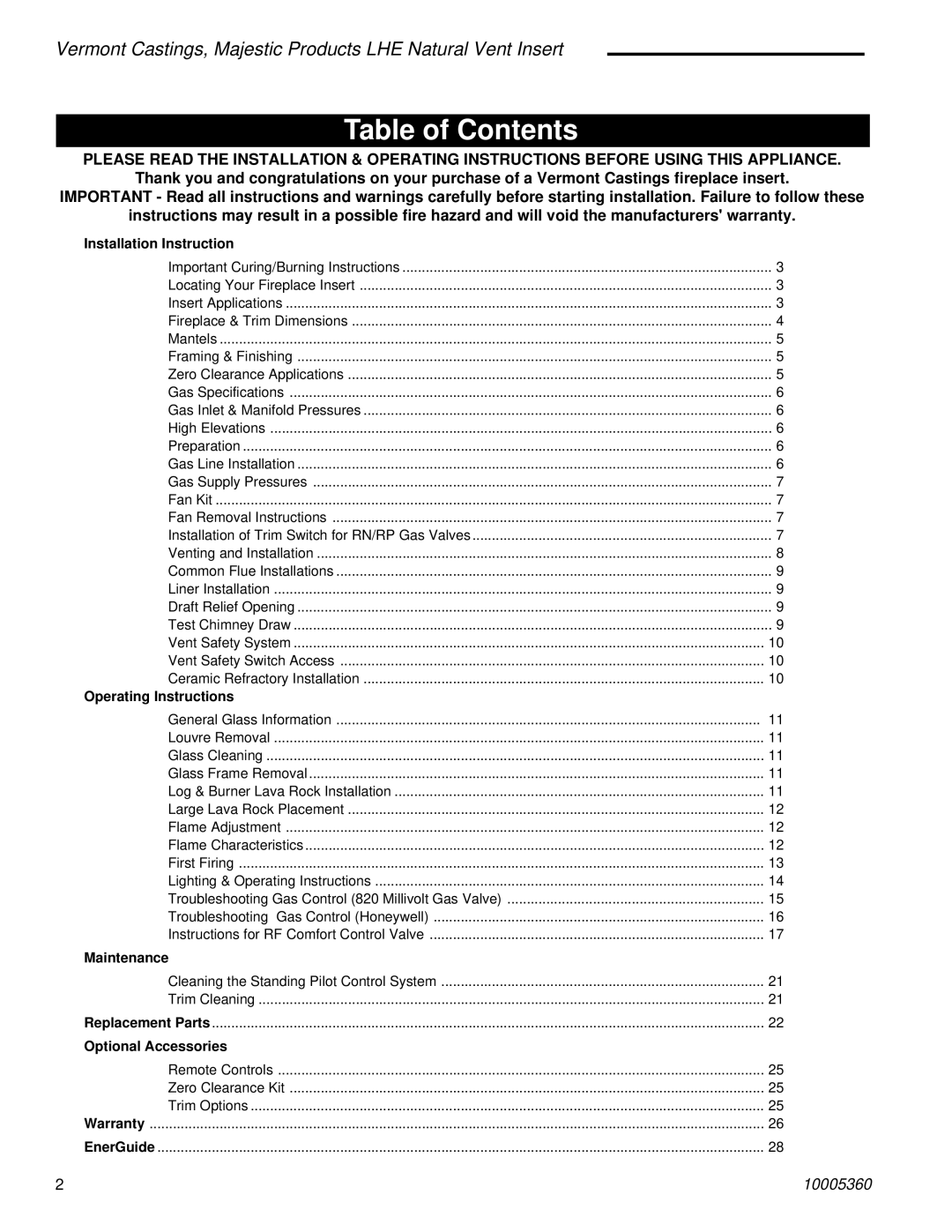 Vermont Casting LHEC20, LHEC30 installation instructions Table of Contents 