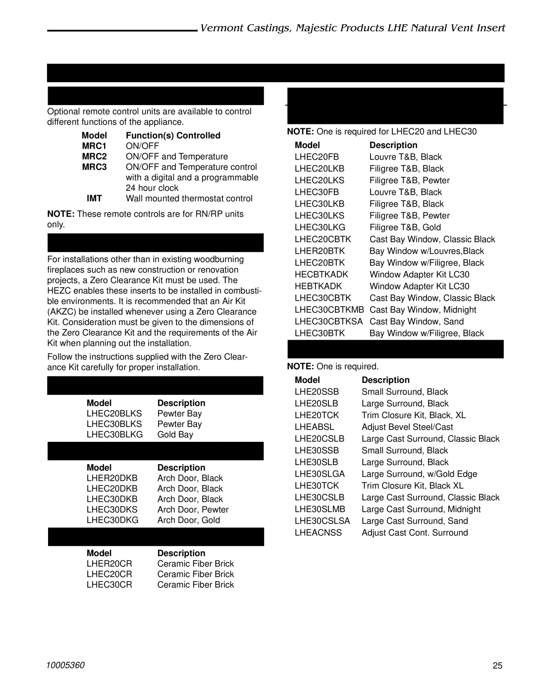 Vermont Casting LHEC30, LHEC20 installation instructions Optional Accessories 