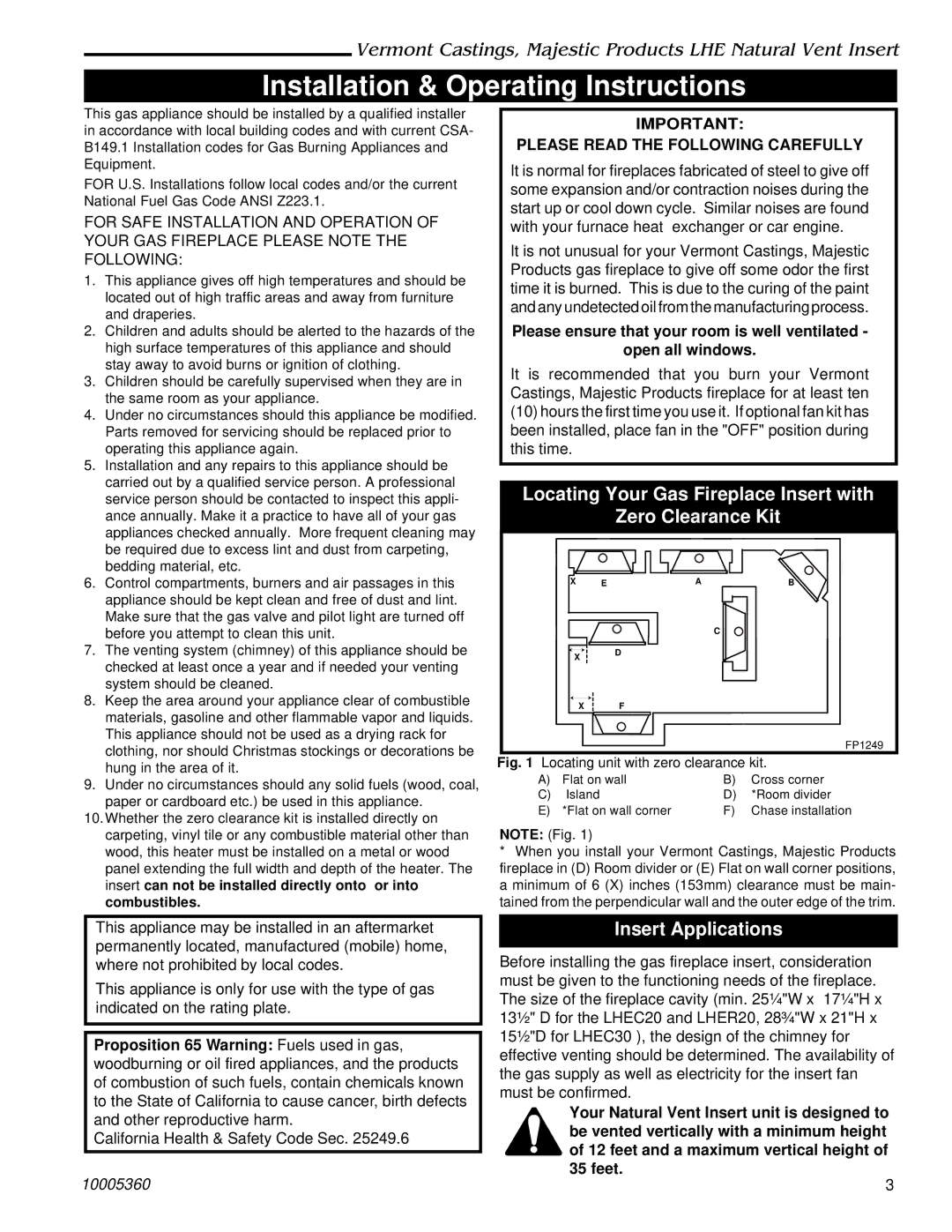 Vermont Casting LHEC30 Installation & Operating Instructions, Locating Your Gas Fireplace Insert with Zero Clearance Kit 