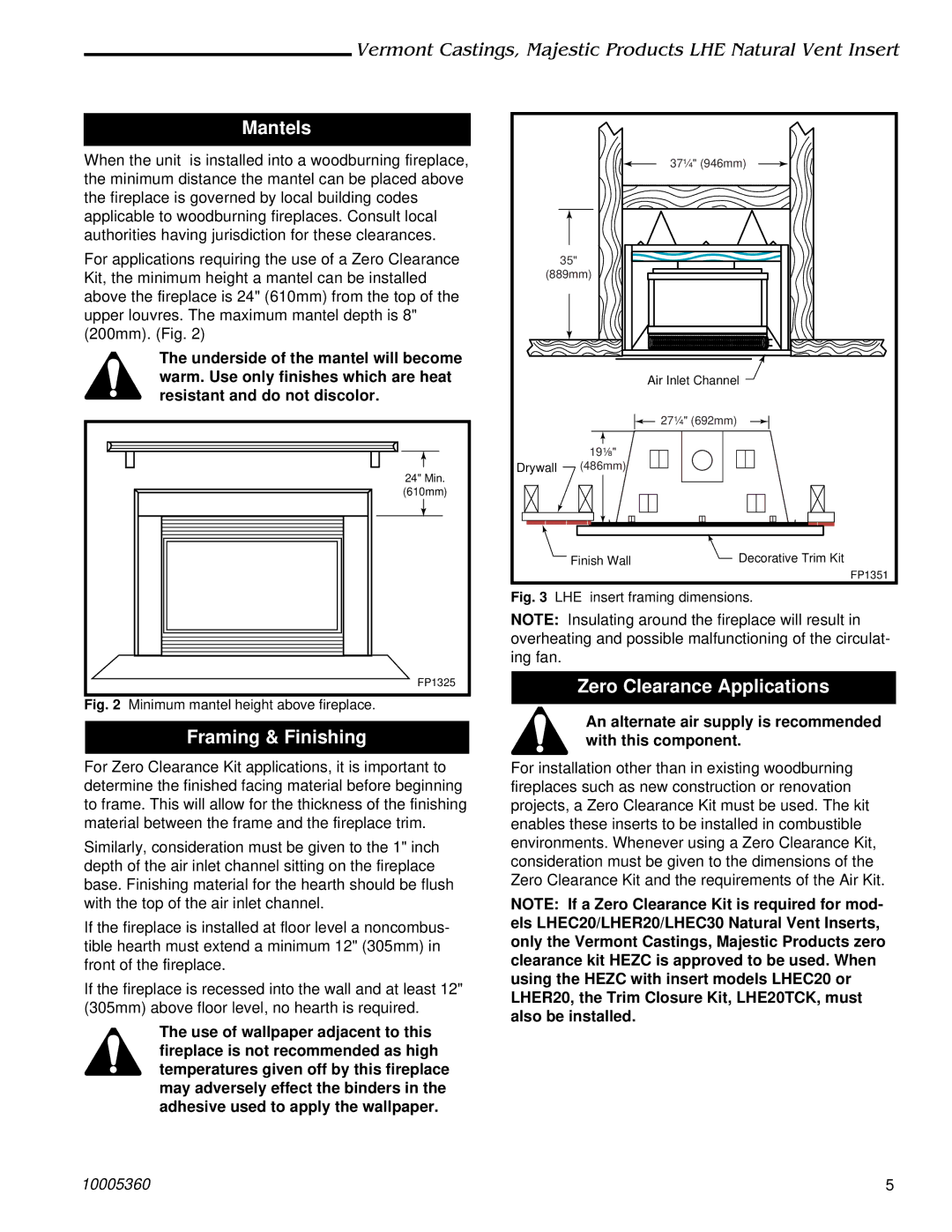 Vermont Casting LHEC30, LHEC20 installation instructions Mantels, Framing & Finishing, Zero Clearance Applications 