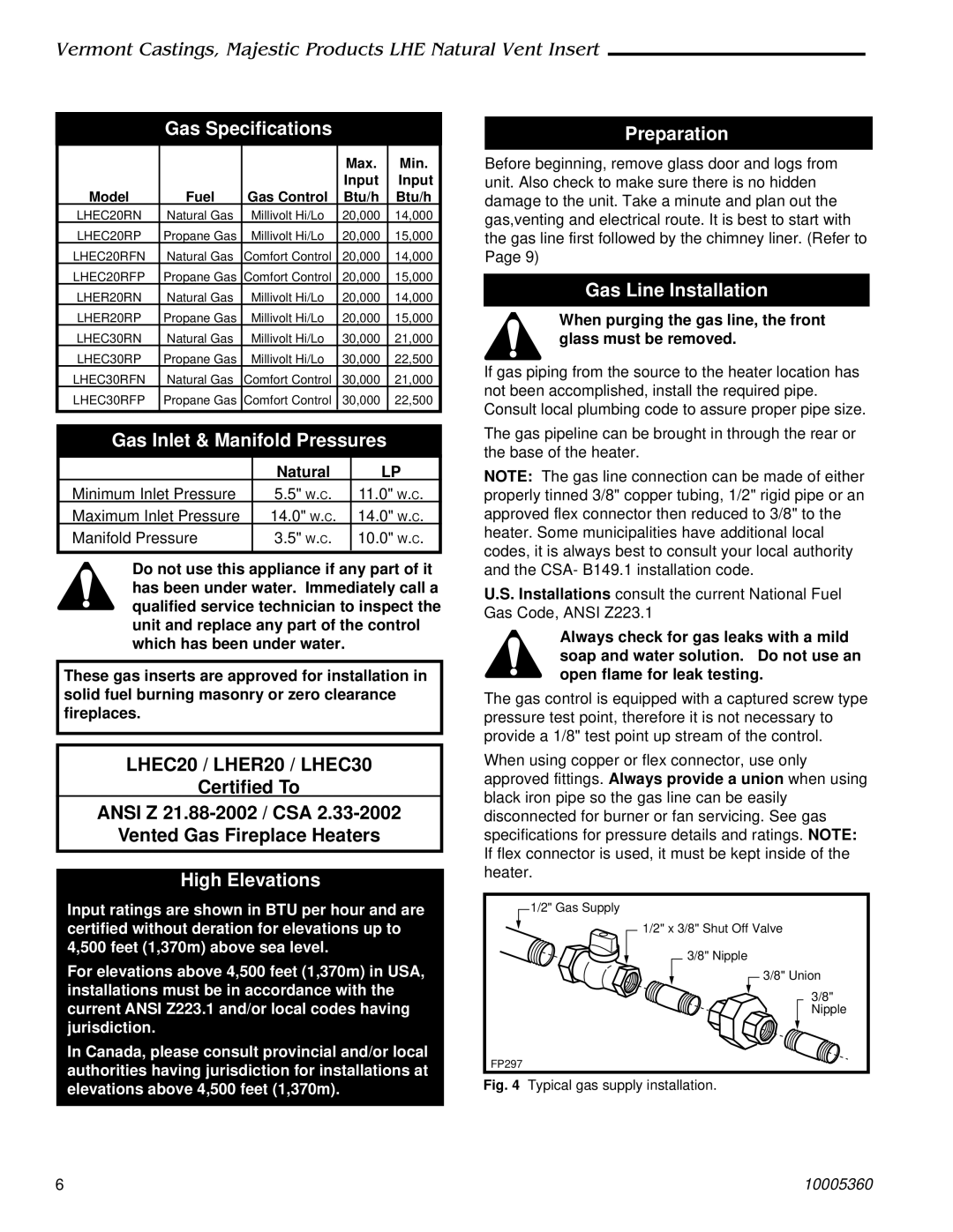 Vermont Casting LHEC20, LHEC30 Gas Specifications, Gas Inlet & Manifold Pressures, Preparation, Gas Line Installation 