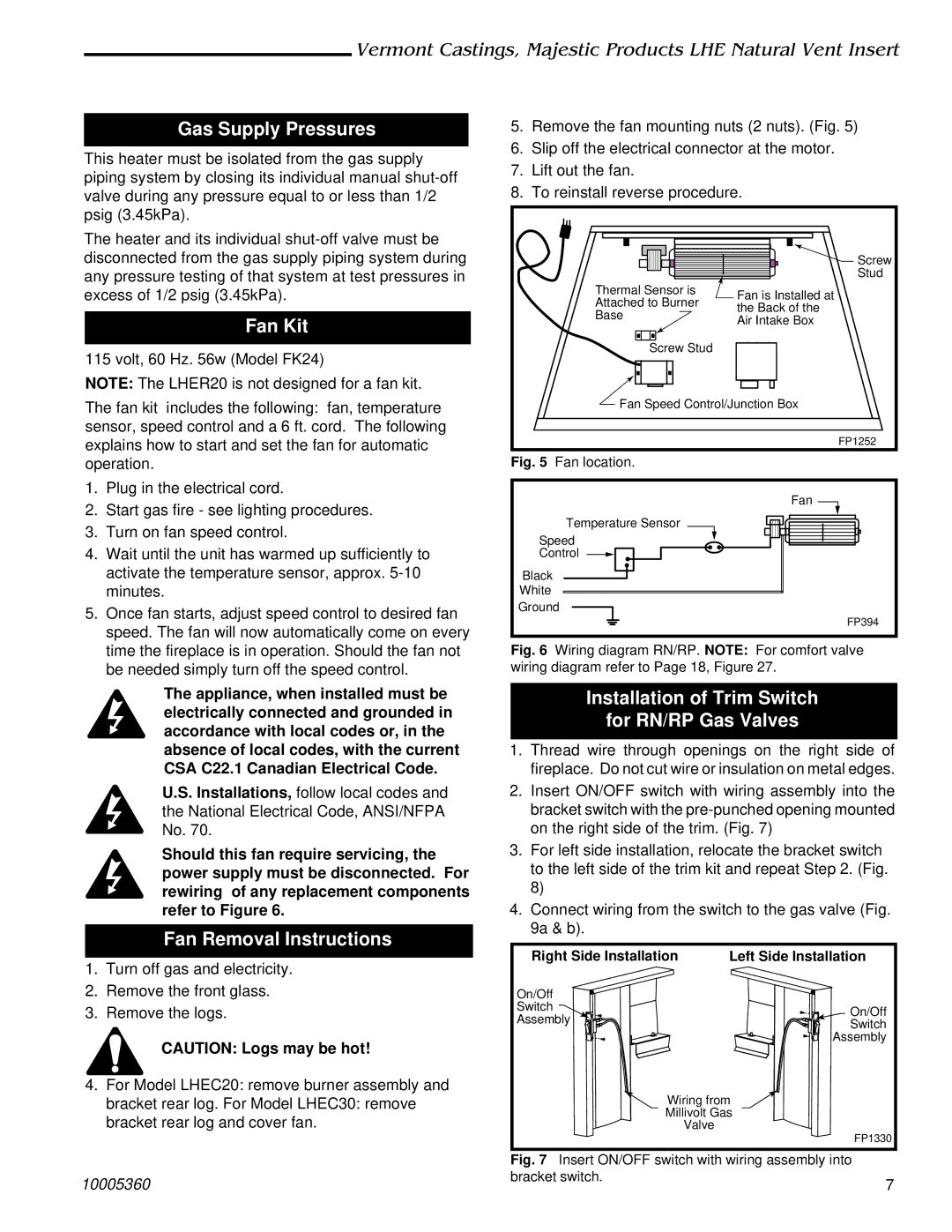 Vermont Casting LHEC30, LHEC20 installation instructions Gas Supply Pressures, Fan Kit, Fan Removal Instructions 