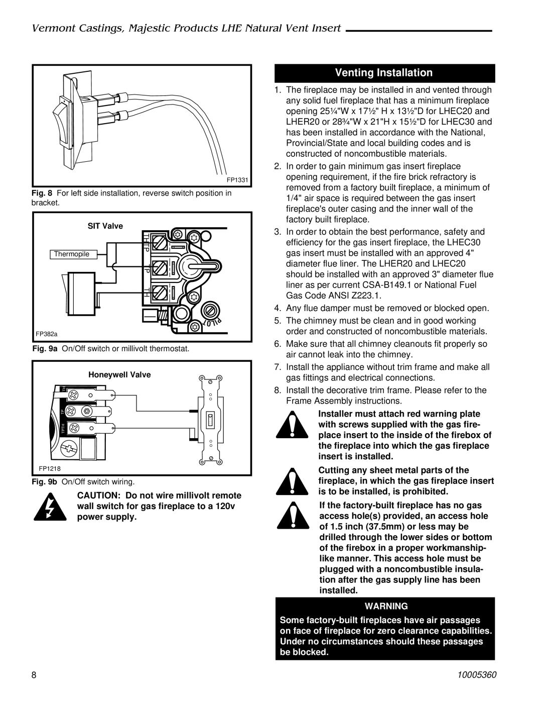 Vermont Casting LHEC20, LHEC30 Venting Installation, For left side installation, reverse switch position 