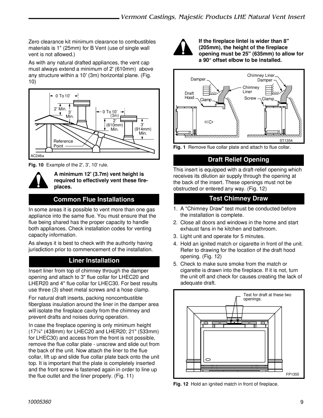 Vermont Casting LHEC30, LHEC20 Common Flue Installations, Liner Installation, Draft Relief Opening, Test Chimney Draw 