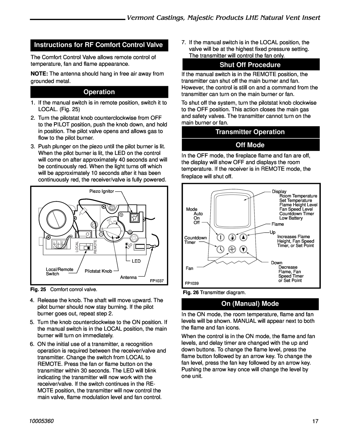Vermont Casting LHEC30 Instructions for RF Comfort Control Valve, Operation, Shut Off Procedure, On Manual Mode, 10005360 