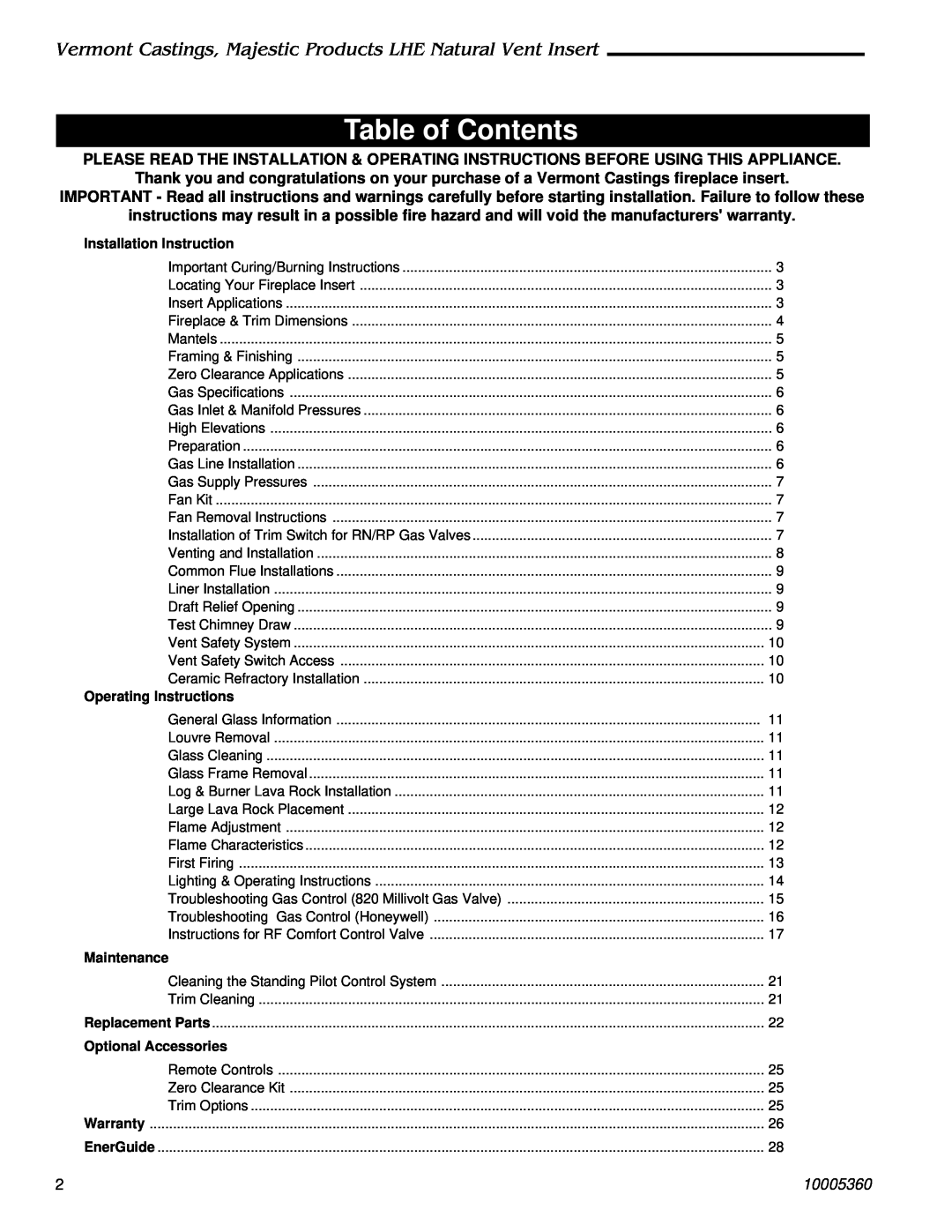 Vermont Casting LHEC20, LHEC30 Table of Contents, 10005360, Installation Instruction, Operating Instructions, Maintenance 