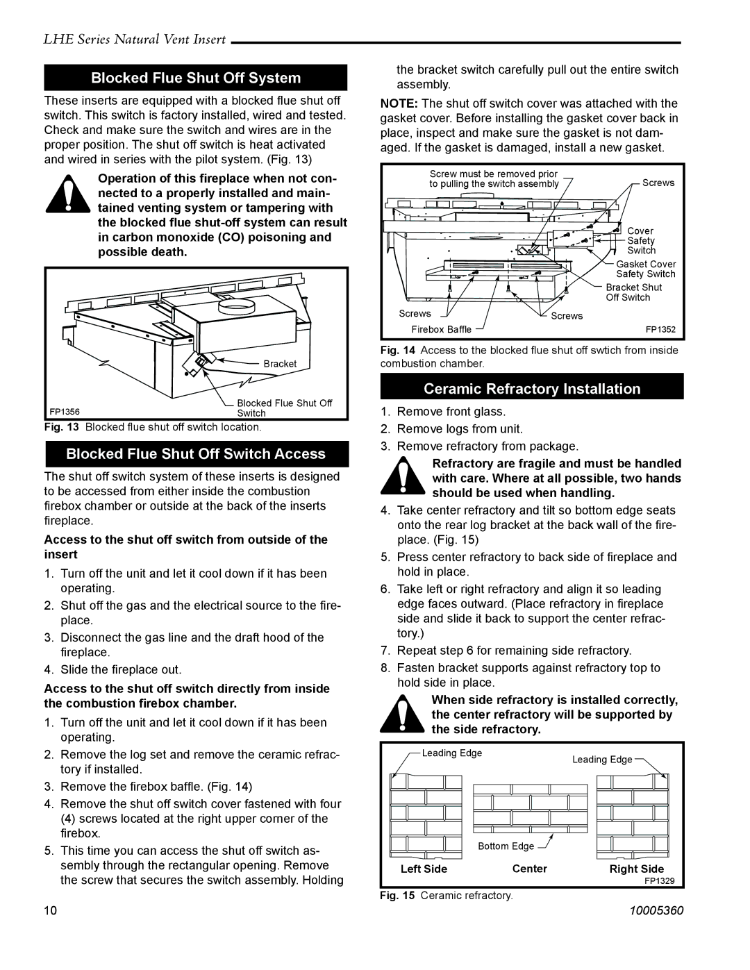 Vermont Casting LHER20 Blocked Flue Shut Off System, Blocked Flue Shut Off Switch Access, Ceramic Refractory Installation 