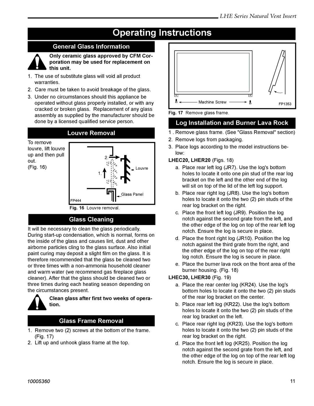 Vermont Casting LHER20 manual Operating Instructions 