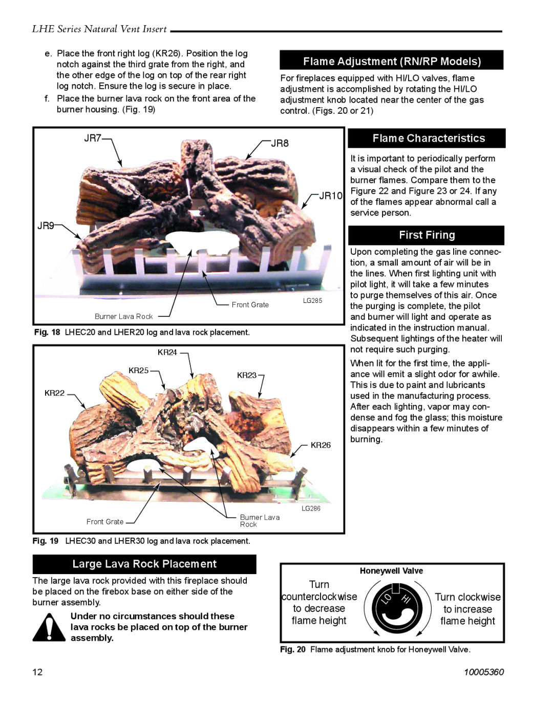 Vermont Casting LHER20 manual Flame Adjustment RN/RP Models, Flame Characteristics, First Firing, Large Lava Rock Placement 