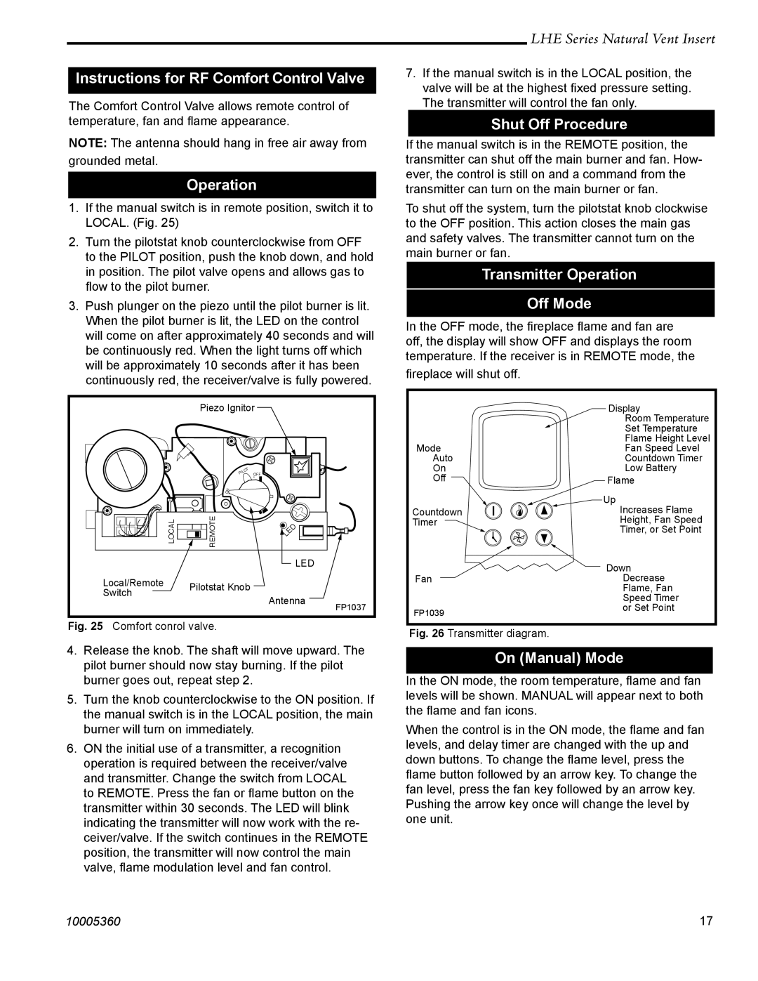 Vermont Casting LHER20 manual Instructions for RF Comfort Control Valve, Operation, Shut Off Procedure, On Manual Mode 