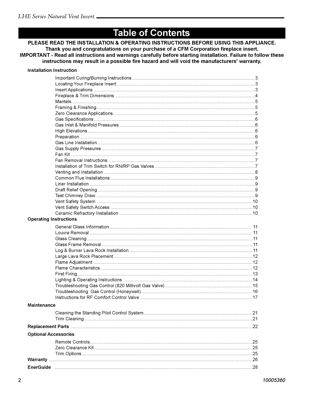 Vermont Casting LHER20 manual Table of Contents 