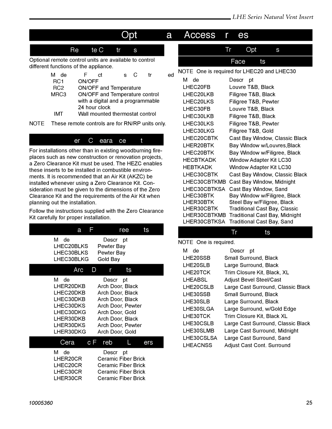 Vermont Casting LHER20 manual Optional Accessories 