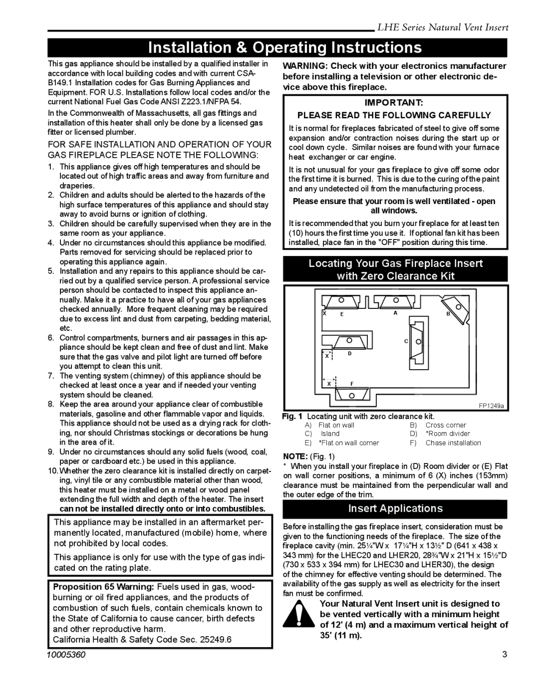 Vermont Casting LHER20 Installation & Operating Instructions, Locating Your Gas Fireplace Insert With Zero Clearance Kit 