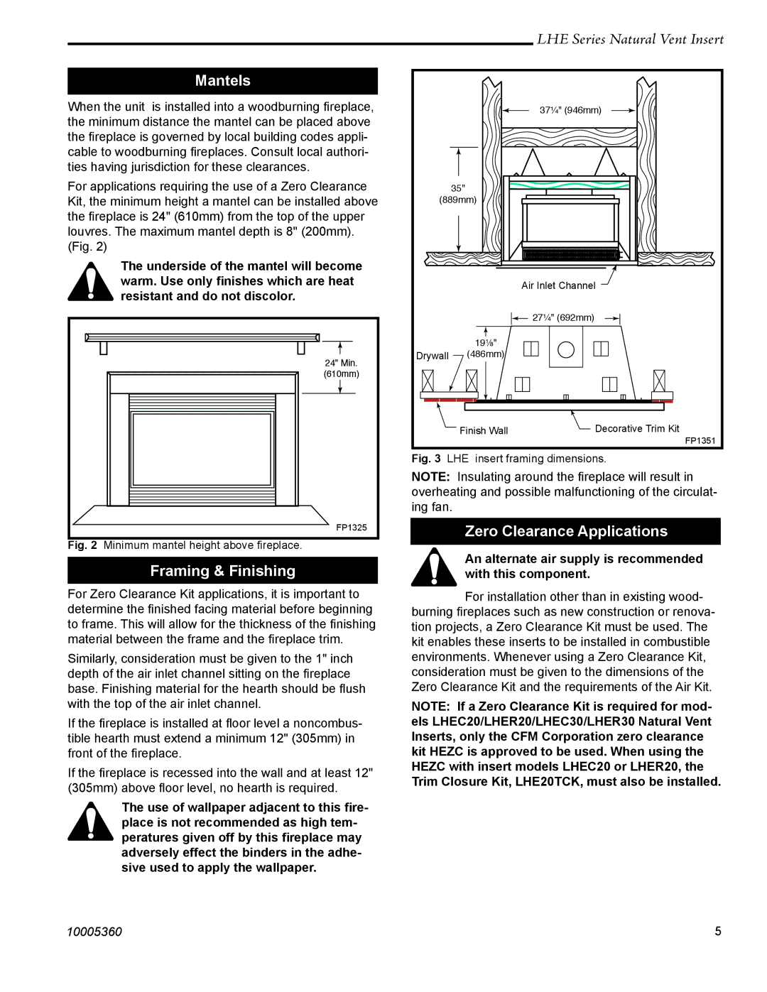 Vermont Casting LHER20 manual Mantels, Framing & Finishing, Zero Clearance Applications 