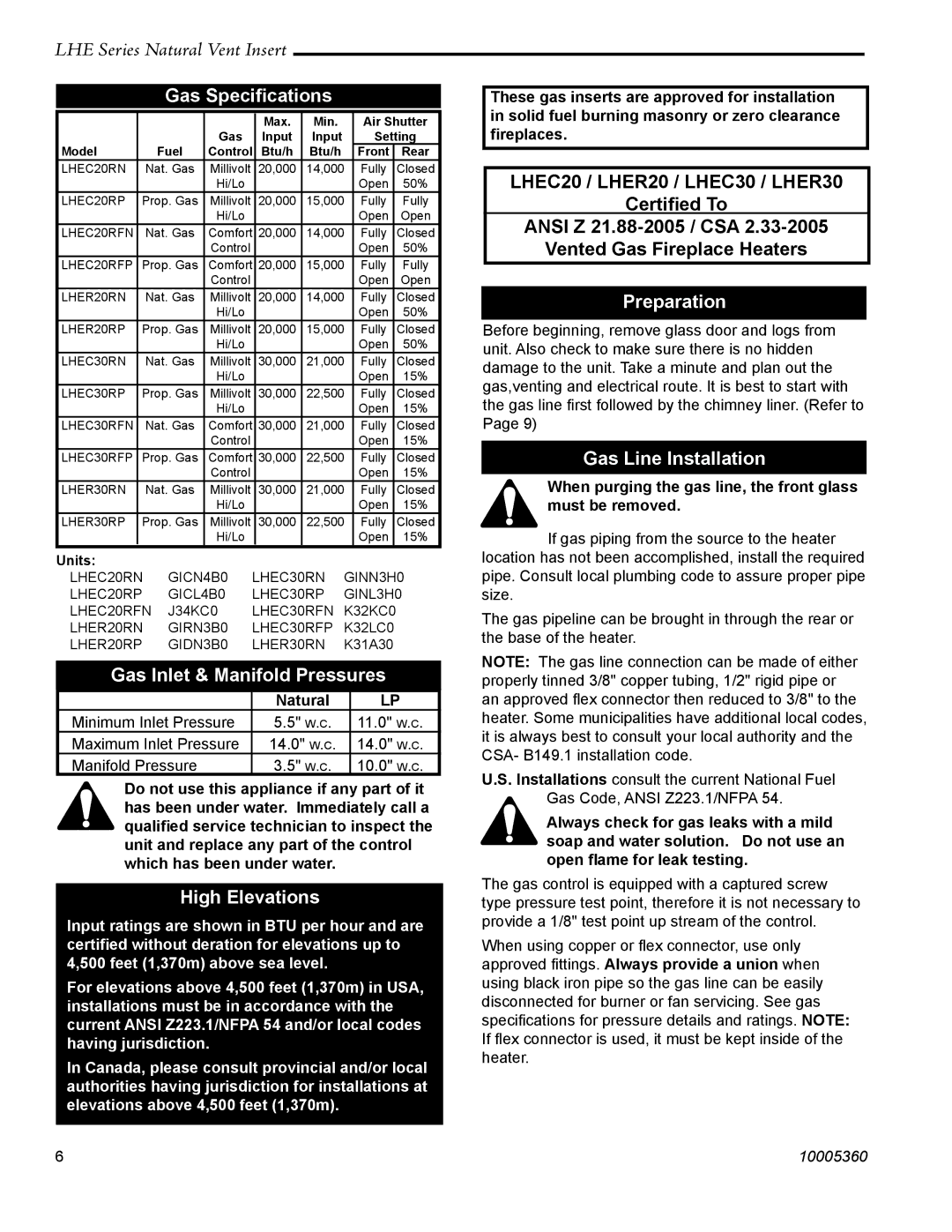 Vermont Casting LHER20 manual Gas Speciﬁcations, Gas Inlet & Manifold Pressures, High Elevations, Preparation 