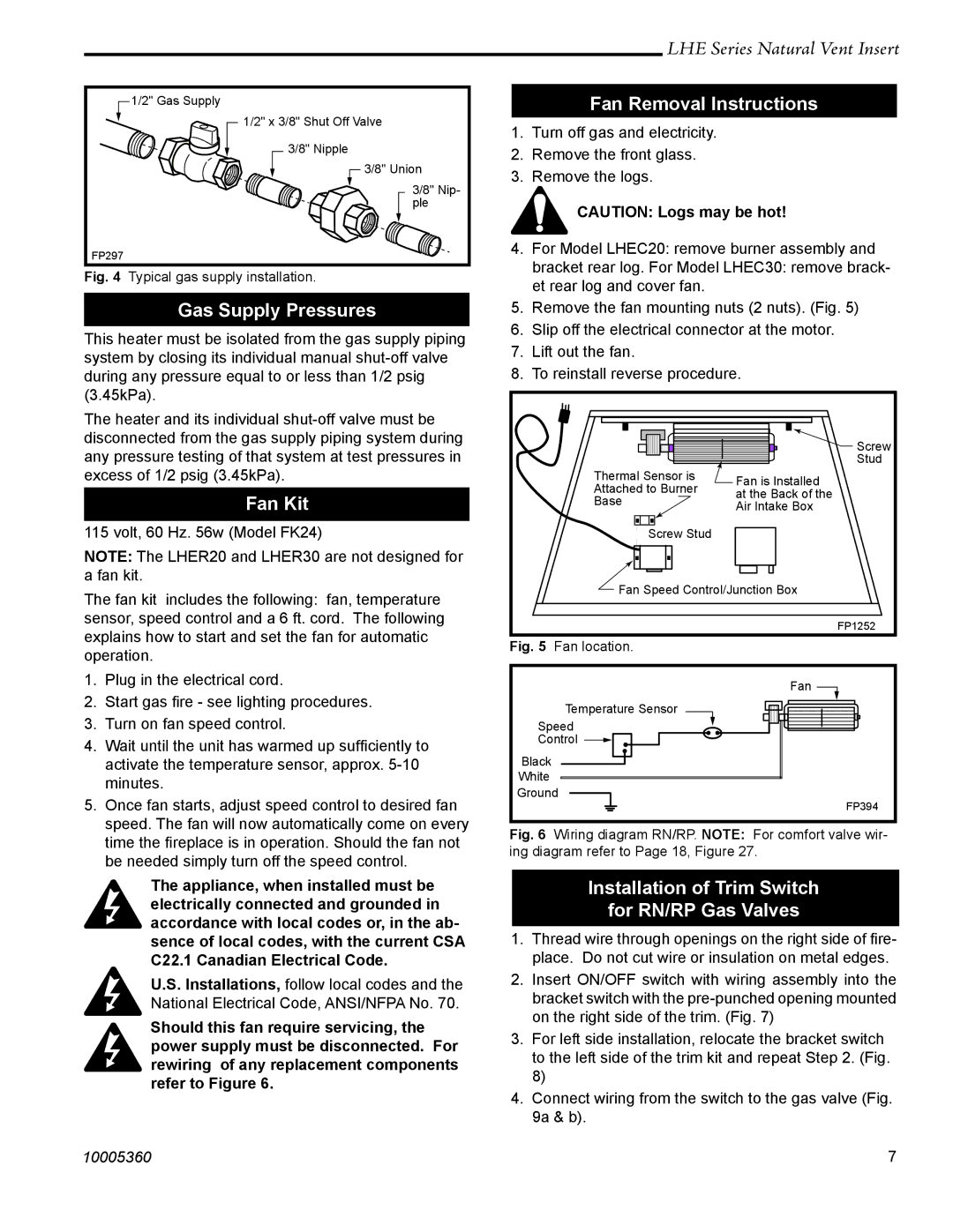 Vermont Casting LHER20 manual Gas Supply Pressures, Fan Kit, Fan Removal Instructions 