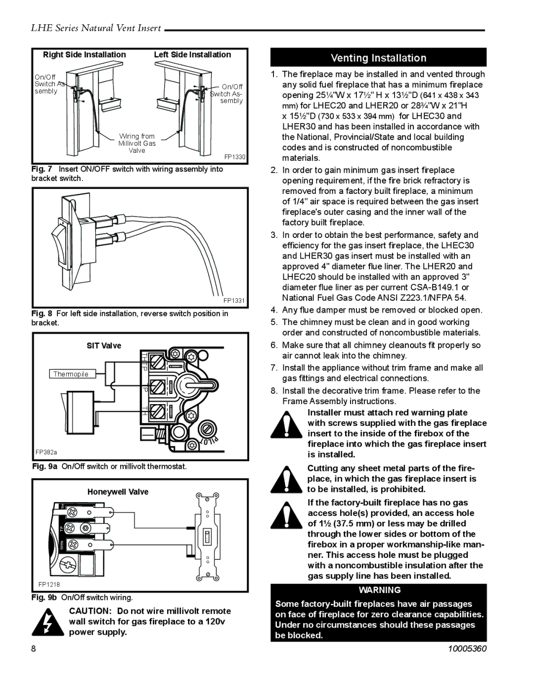 Vermont Casting LHER20 manual Venting Installation, For left side installation, reverse switch position 