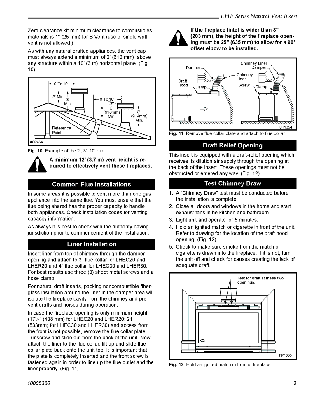 Vermont Casting LHER20 manual Common Flue Installations, Liner Installation, Draft Relief Opening, Test Chimney Draw 