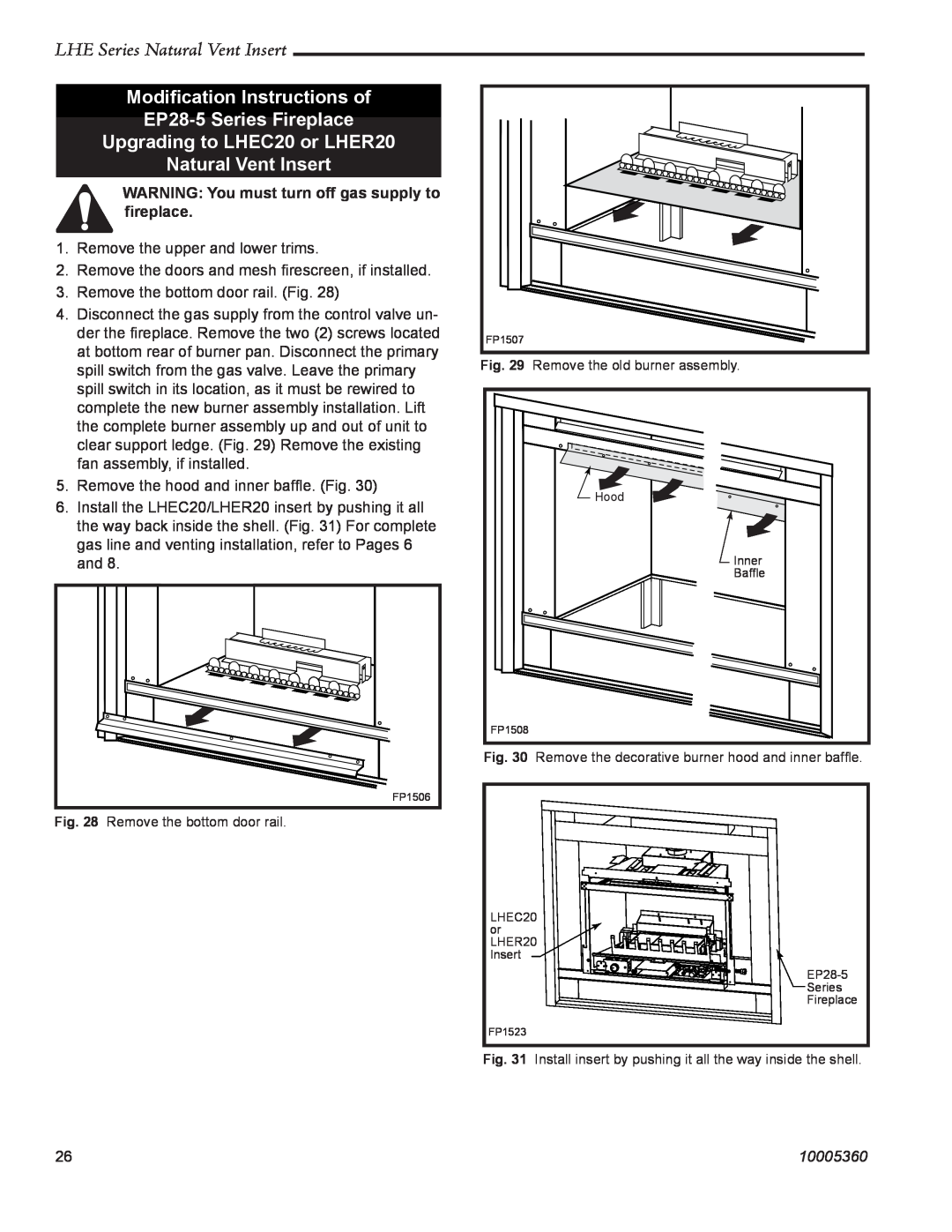 Vermont Casting LHER20 manual Modiﬁcation Instructions of EP28-5 Series Fireplace, LHE Series Natural Vent Insert, 10005360 