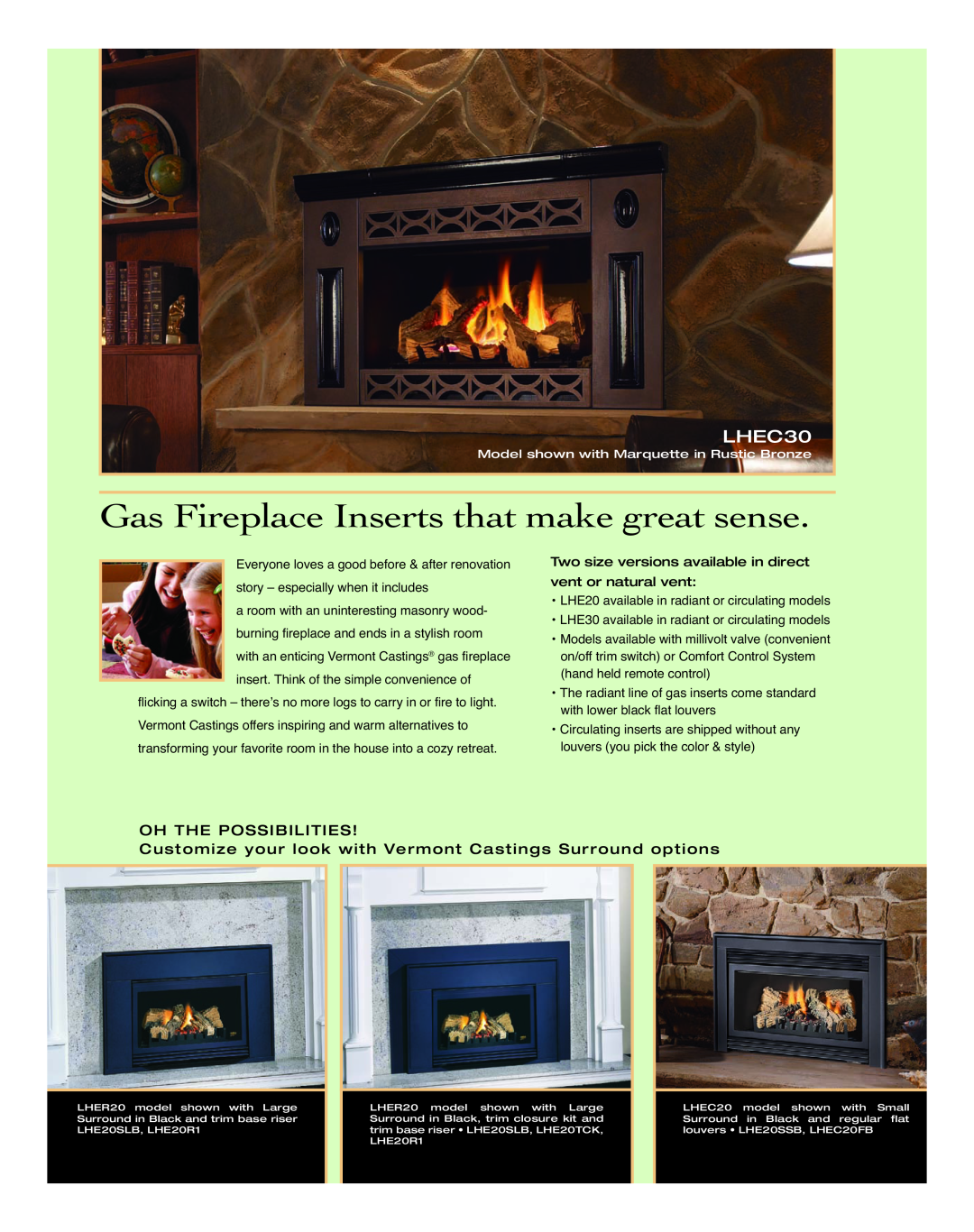 Vermont Casting LHER30 manual LHEC30, Gas Fireplace Inserts that make great sense 
