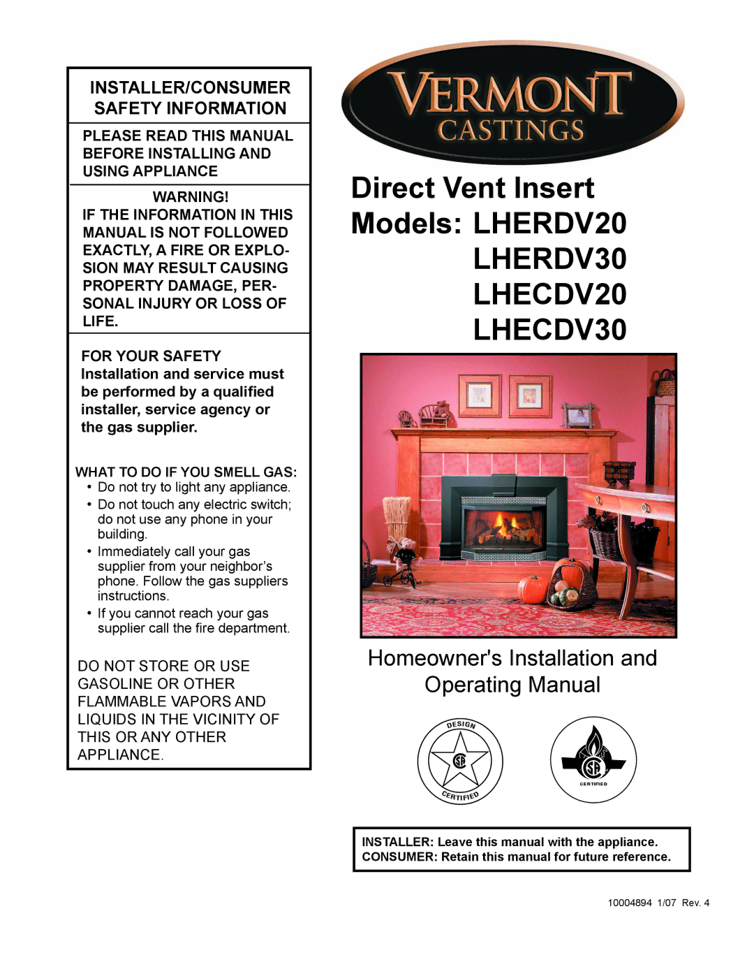 Vermont Casting LHERDV20 manual LHERDV30 LHECDV20 LHECDV30 