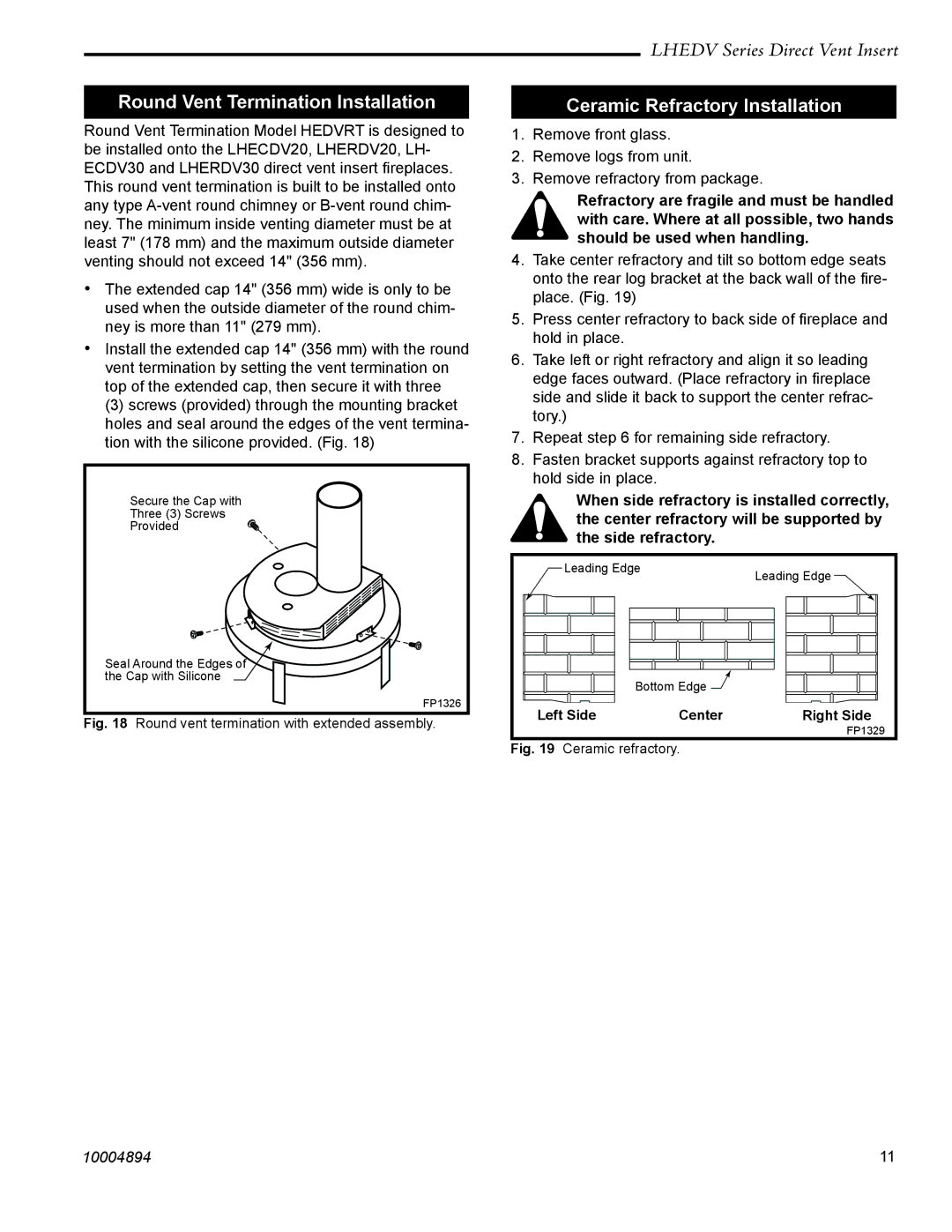 Vermont Casting LHECDV20, LHERDV20, LHECDV30, LHERDV30 Round Vent Termination Installation, Ceramic Refractory Installation 