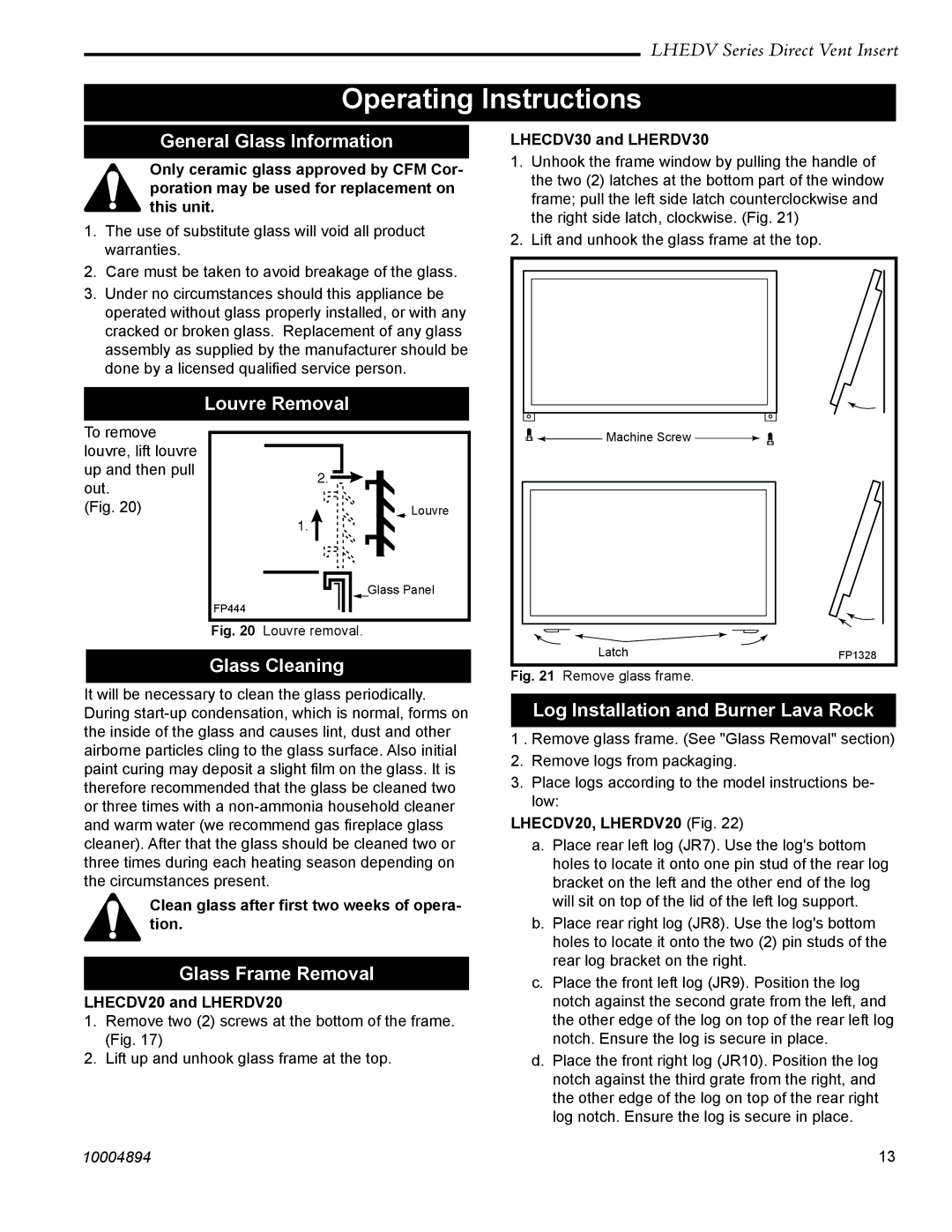 Vermont Casting LHECDV30, LHERDV20, LHERDV30, LHECDV20 manual Operating Instructions 