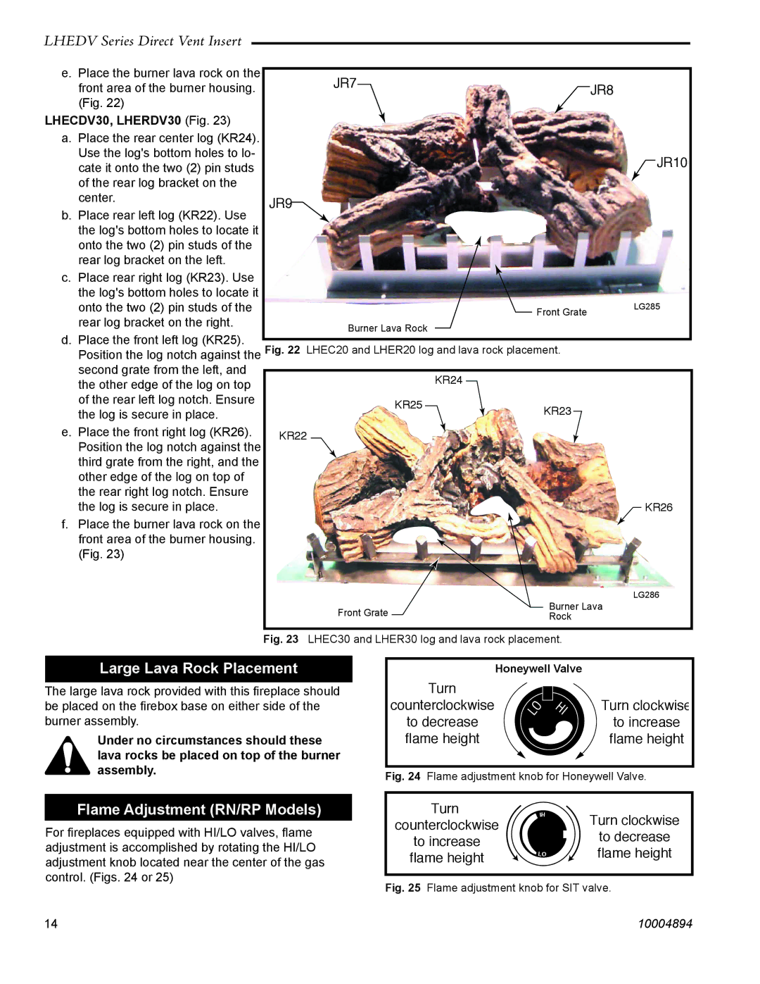 Vermont Casting LHERDV20, LHECDV20 Large Lava Rock Placement, Flame Adjustment RN/RP Models, LHECDV30, LHERDV30 Fig 