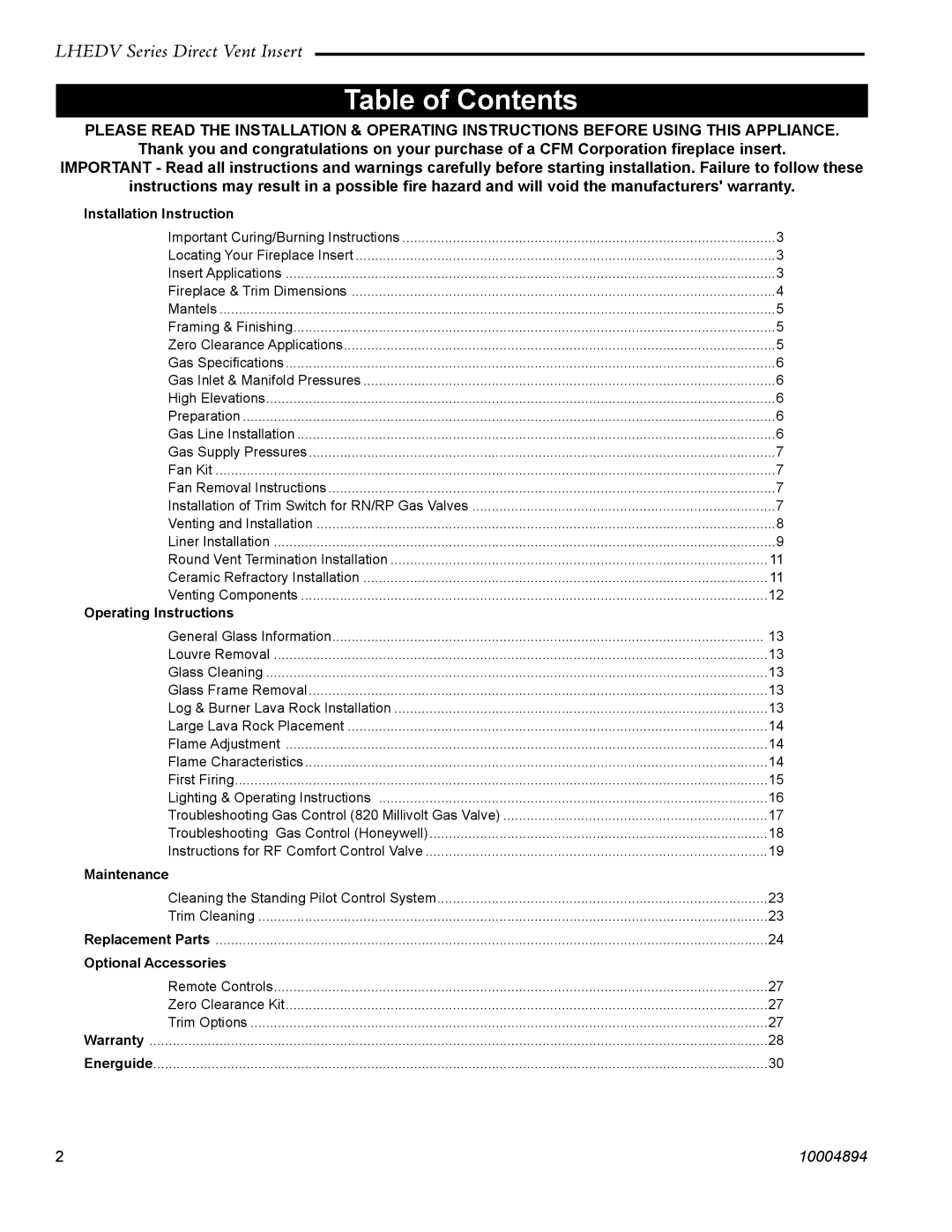 Vermont Casting LHERDV30, LHERDV20, LHECDV30, LHECDV20 manual Table of Contents 