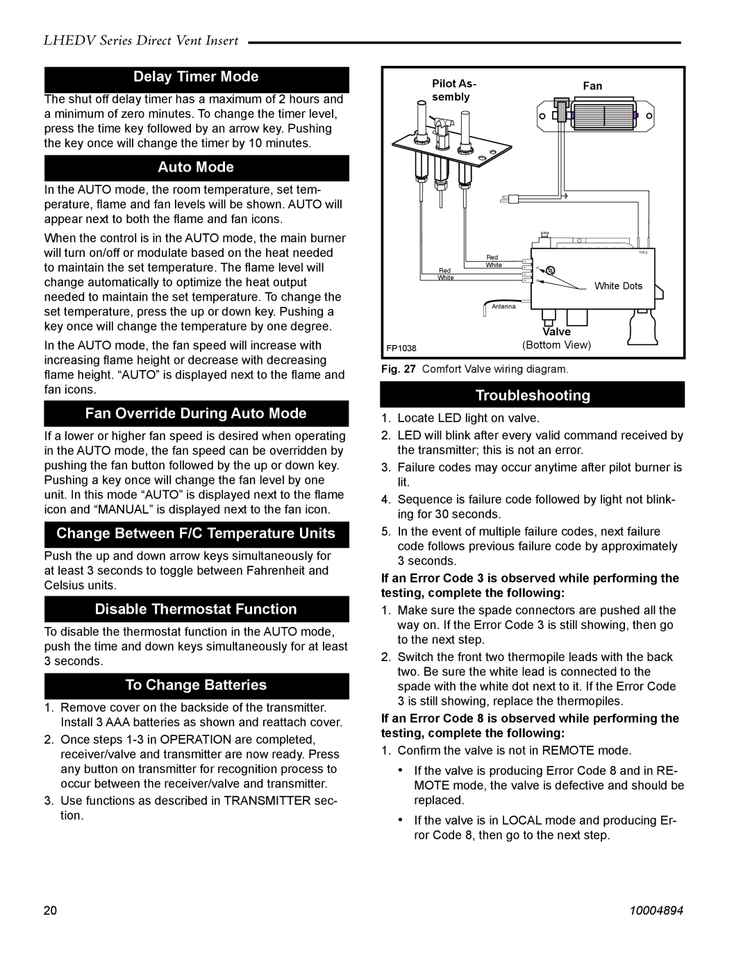 Vermont Casting LHERDV20 manual Delay Timer Mode, Fan Override During Auto Mode, Change Between F/C Temperature Units 