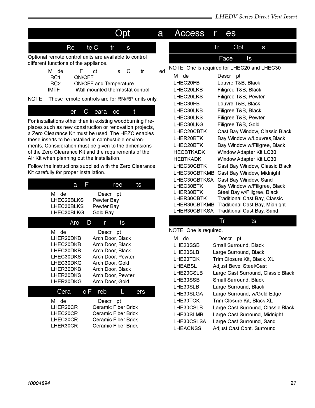 Vermont Casting LHECDV20, LHERDV20, LHECDV30, LHERDV30 manual Optional Accessories 