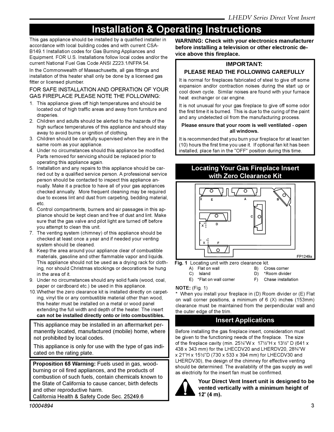 Vermont Casting LHECDV20 Installation & Operating Instructions, Locating Your Gas Fireplace Insert With Zero Clearance Kit 