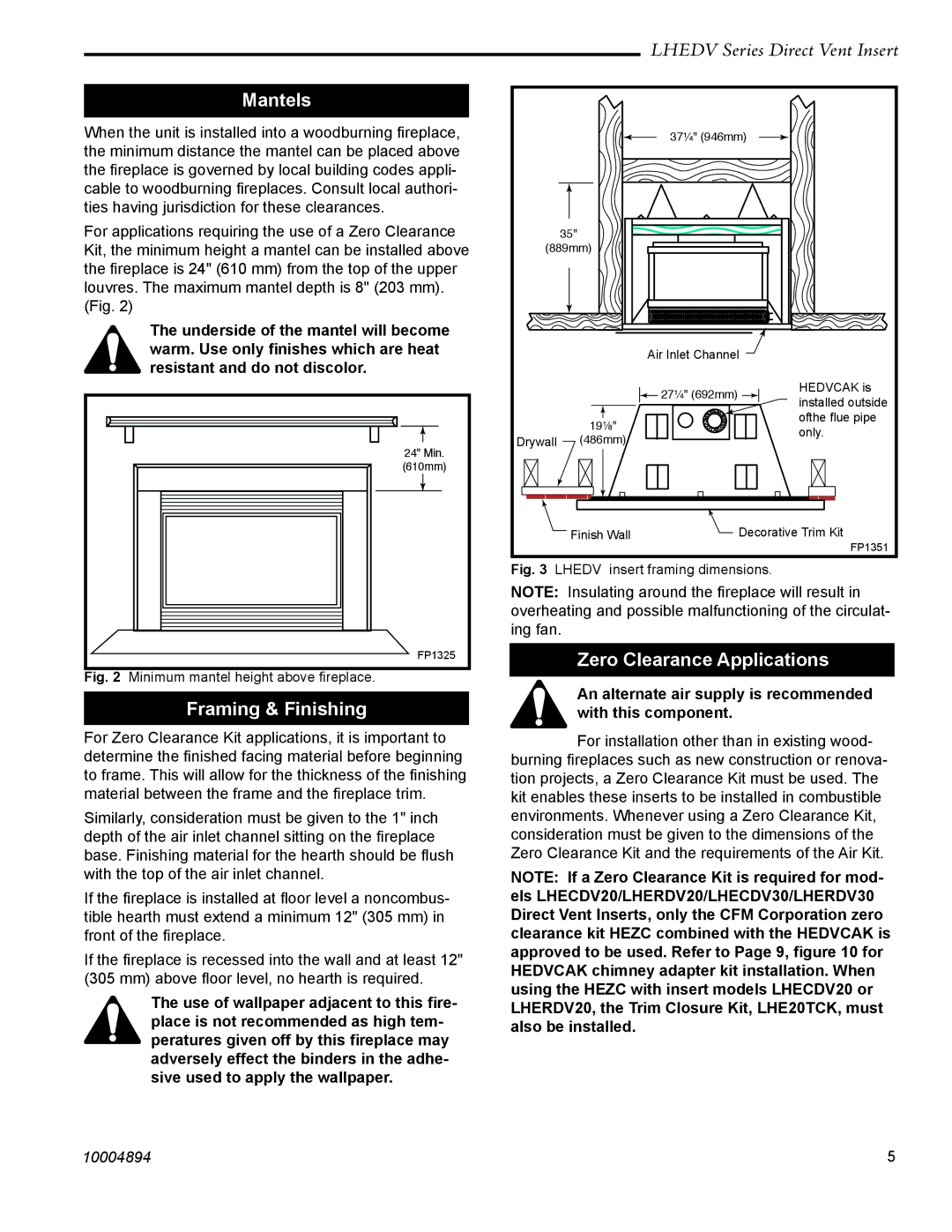 Vermont Casting LHECDV30, LHERDV20, LHERDV30, LHECDV20 manual Mantels, Framing & Finishing, Zero Clearance Applications 