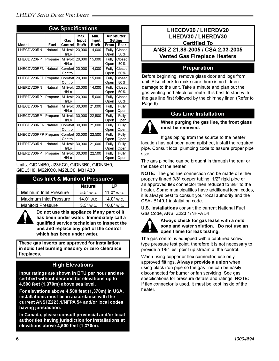 Vermont Casting LHERDV30, LHERDV20 manual Gas Speciﬁcations, Gas Inlet & Manifold Pressures, High Elevations, Preparation 