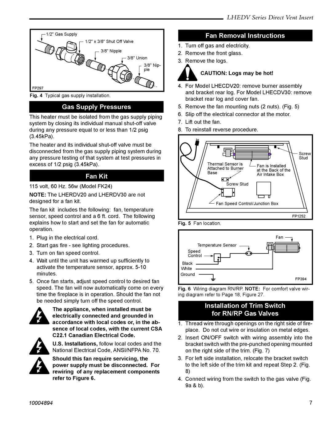 Vermont Casting LHECDV20, LHERDV20, LHECDV30, LHERDV30 manual Gas Supply Pressures, Fan Kit, Fan Removal Instructions 