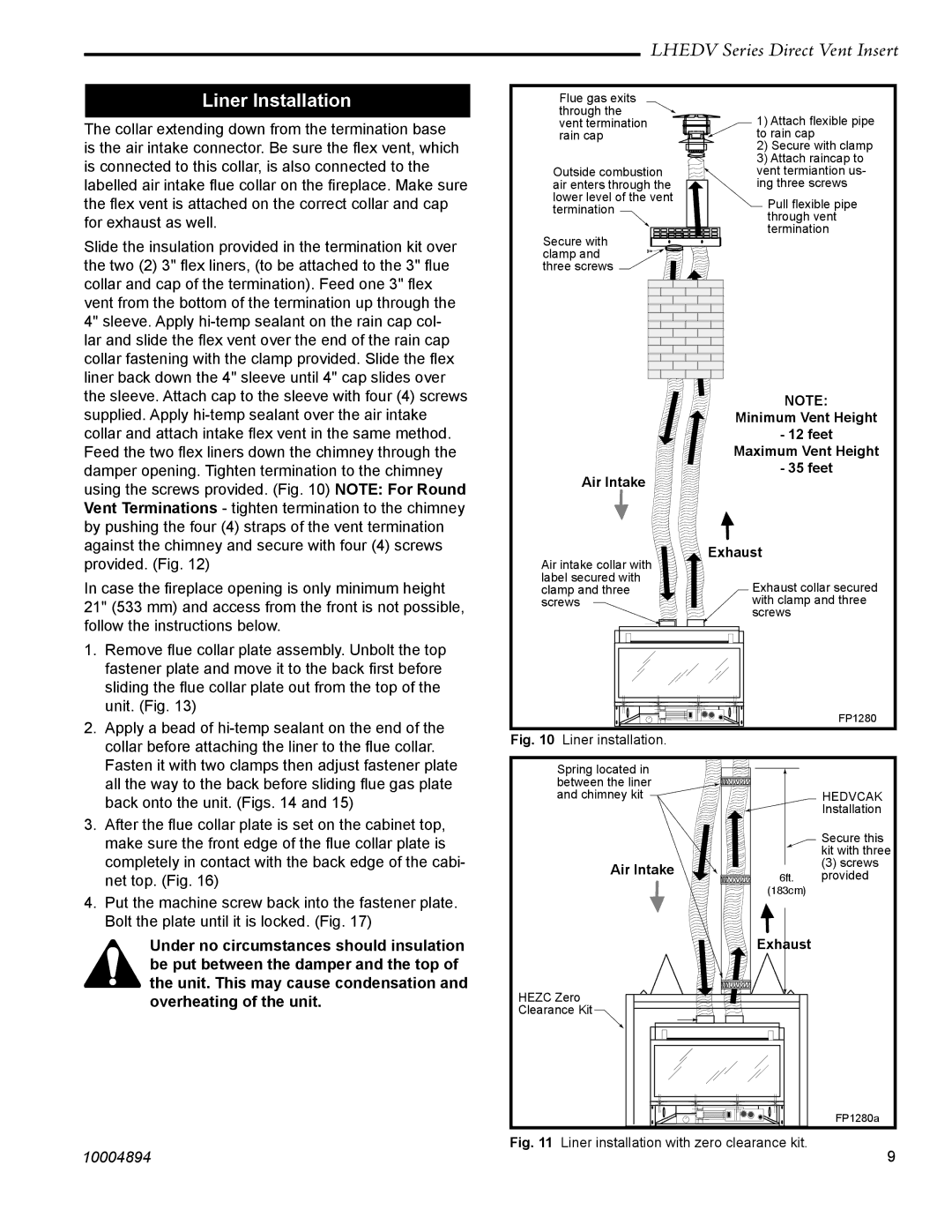 Vermont Casting LHECDV30, LHERDV20, LHERDV30, LHECDV20 manual Liner Installation, Exhaust 