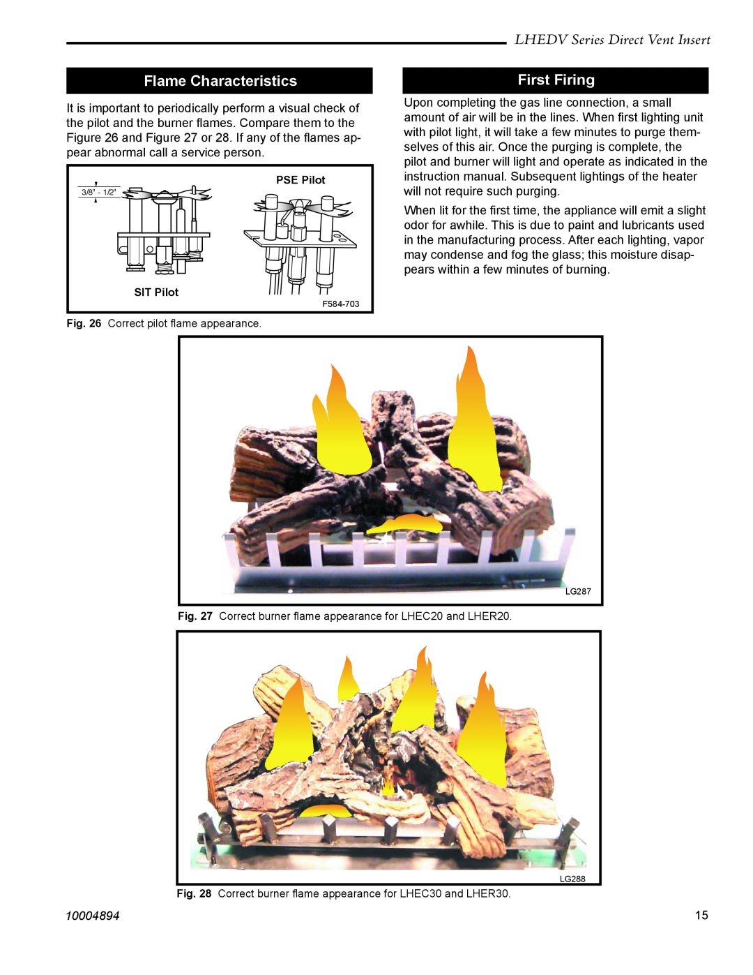 Vermont Casting LHECDV20 manual Flame Characteristics, First Firing, LHEDV Series Direct Vent Insert, 10004894, PSE Pilot 