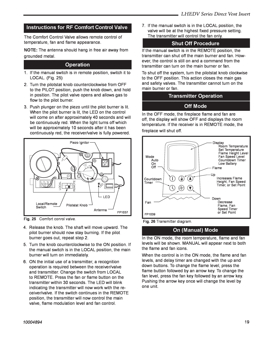 Vermont Casting LHECDV20 manual Instructions for RF Comfort Control Valve, Operation, Shut Off Procedure, On Manual Mode 