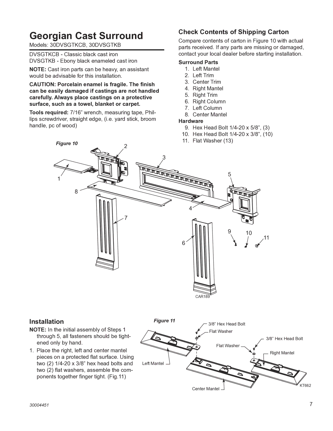 Vermont Casting MEAD3CB, MEAD3EB, MEAD3BS installation instructions Georgian Cast Surround, Installation, Hardware 