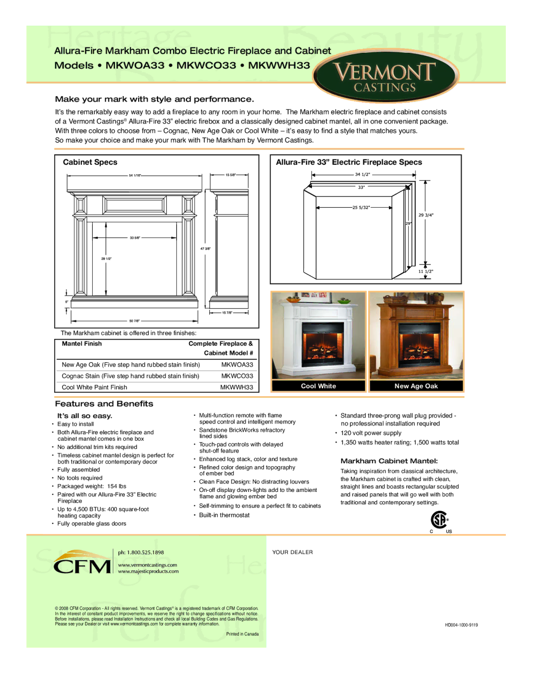 Vermont Casting MKWOA33 Make your mark with style and performance, Cabinet Specs, Allura-Fire 33 Electric Fireplace Specs 