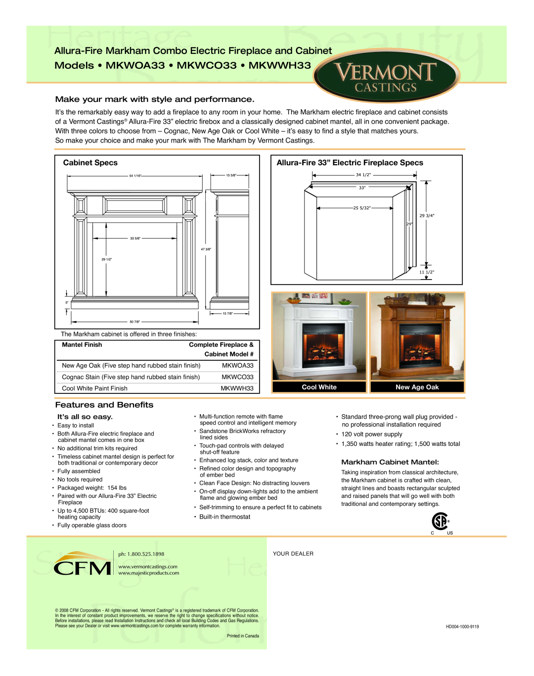 Vermont Casting Models MKWOA33 MKWCO33 MKWWH33, Make your mark with style and performance, Cabinet Specs, Mantel Finish 