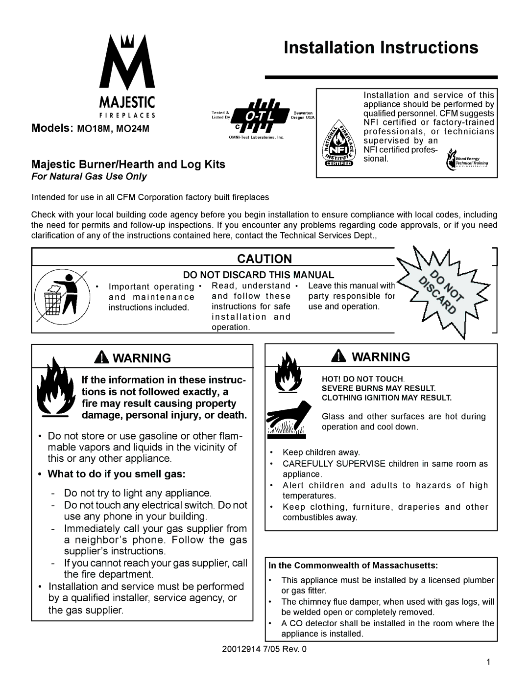 Vermont Casting MO18 installation instructions What to do if you smell gas, Commonwealth of Massachusetts 