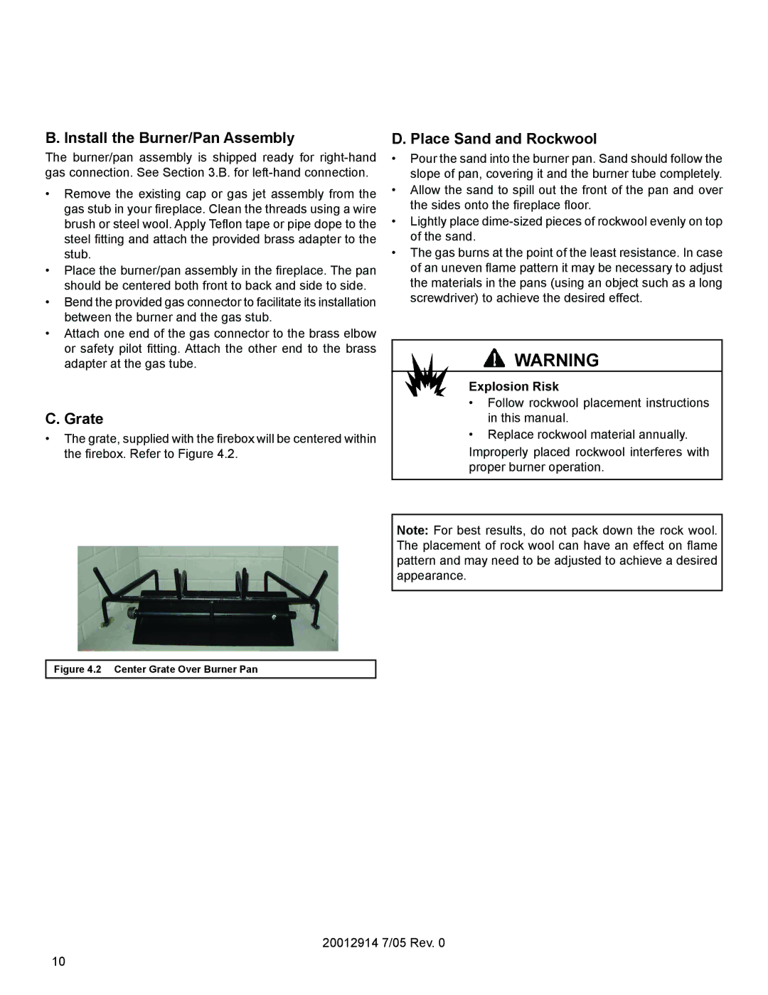 Vermont Casting MO18 installation instructions Install the Burner/Pan Assembly, Grate, Place Sand and Rockwool 