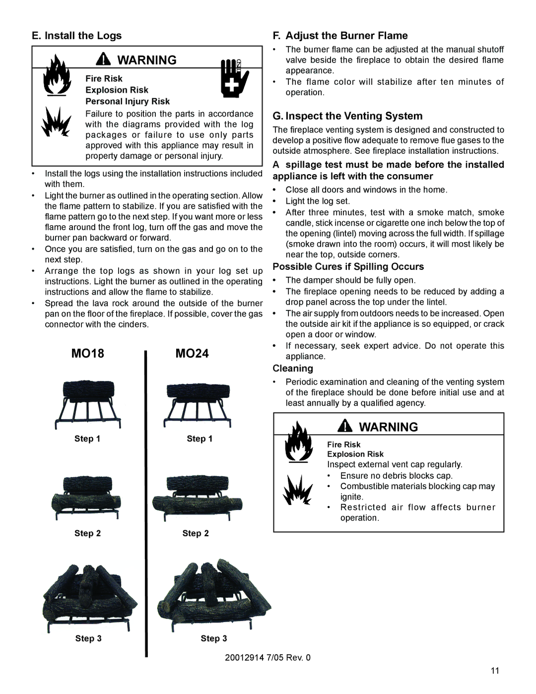 Vermont Casting MO18MO24, Install the Logs, Adjust the Burner Flame, Inspect the Venting System, Step 