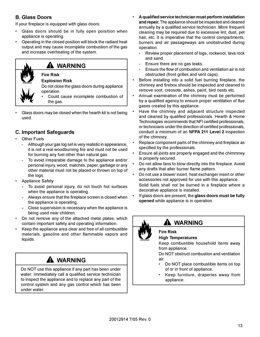 Vermont Casting MO18 installation instructions Glass Doors, Important Safeguards, Fire Risk High Temperatures 