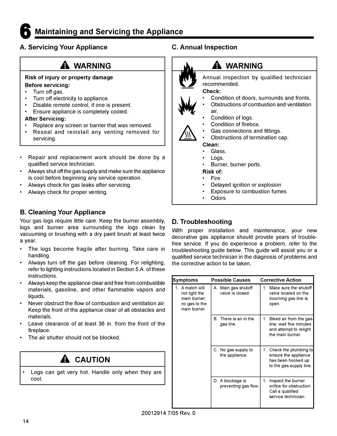 Vermont Casting MO18 Maintaining and Servicing the Appliance, Servicing Your Appliance Annual Inspection, Troubleshooting 