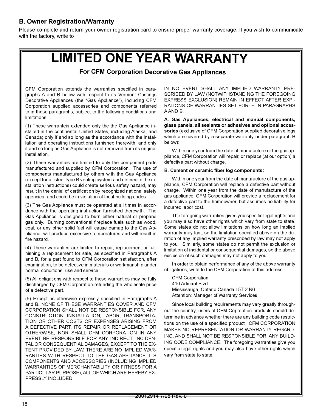 Vermont Casting MO18 installation instructions Owner Registration/Warranty, For CFM Corporation Decorative Gas Appliances 